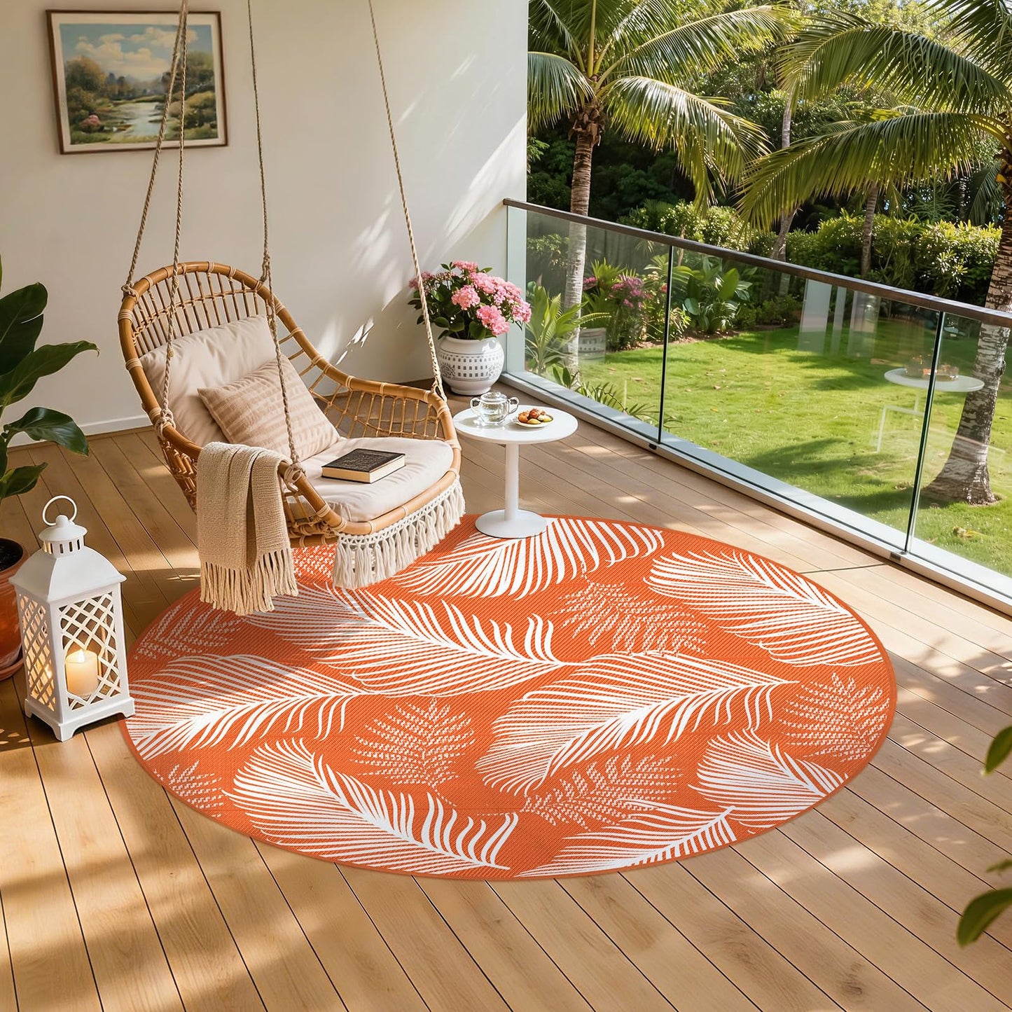 Pauwer Waterproof Outdoor Rug 8ft, Reversible Plastic Straw Patio Camping Rug, Indoor Outdoor RV Mat Carpet for Deck, Camper, Porch, Balcony, Backyard, Picnic, Leaf Orange