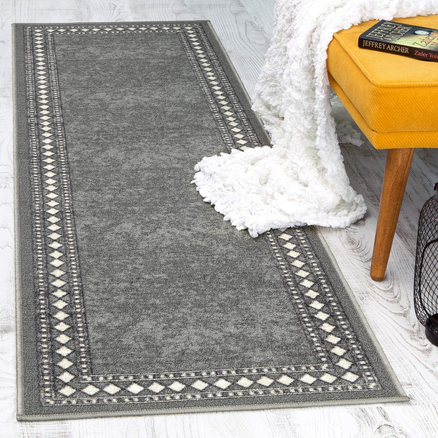Antep Rugs Alfombras Modern Bordered 2x7 Non-Skid (Non-Slip) Low Profile Pile Rubber Backing Indoor Area Runner Rugs (Gray, 2' x 7')