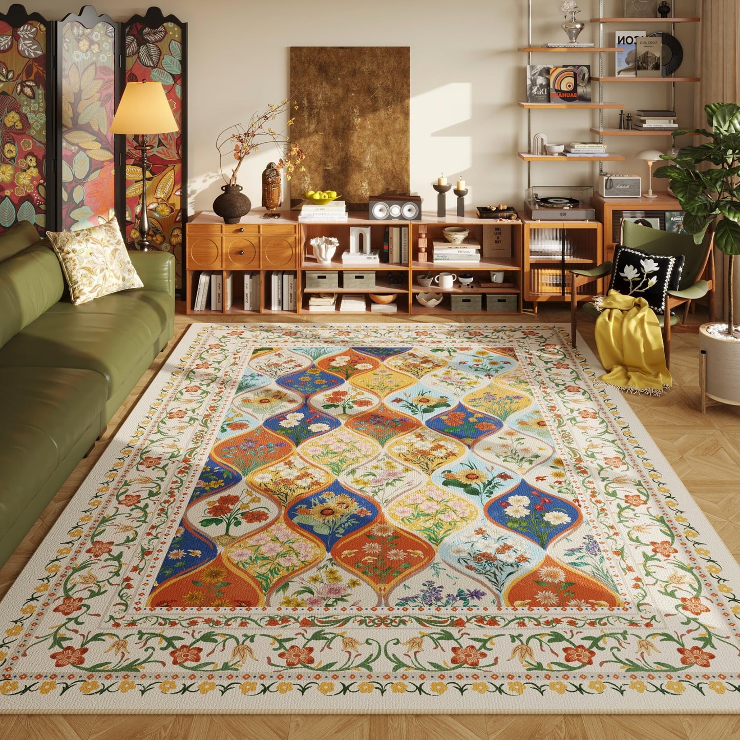 Vowkten Bohemian Geometric Floral 8x10 Area Rugs, Machine Washable, Low Pile Soft Carpet, Non-Slip for Living Room, Bedroom, Dining Room, Farmhouse, Kids Playroom, Office | Beige