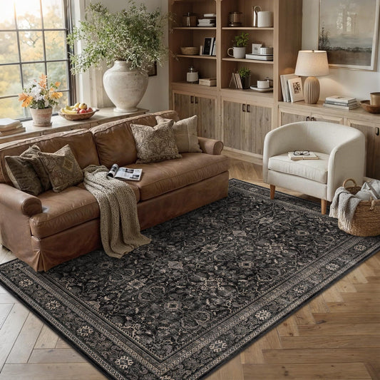 Schweek 5x7 Washable Area Rugs Living Room Black Neutral Vintage Floral Rug Non Slip Low Pile Soft Carpet for Bedroom Dining Room Laundry Room Office Kitchen Distressed Indoor Throw Rugs