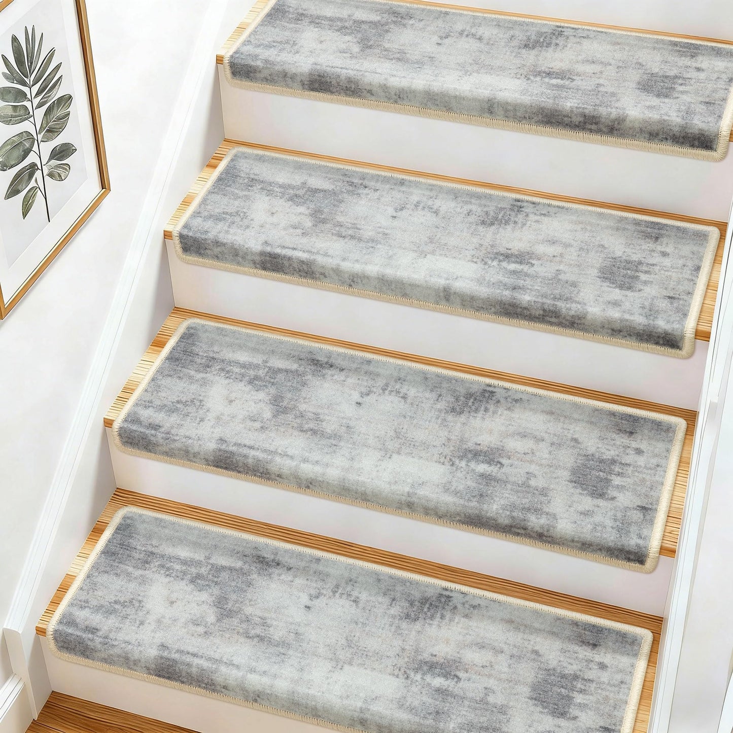 TANVILL Bullnose Stair Treads for Wooden Steps, Non-Slip Peel and Stick Carpet Stair Runner, Pet Friendly Indoor Stair Protectors, Soft Washable Reusable,9.5x30 14Pcs,Grey