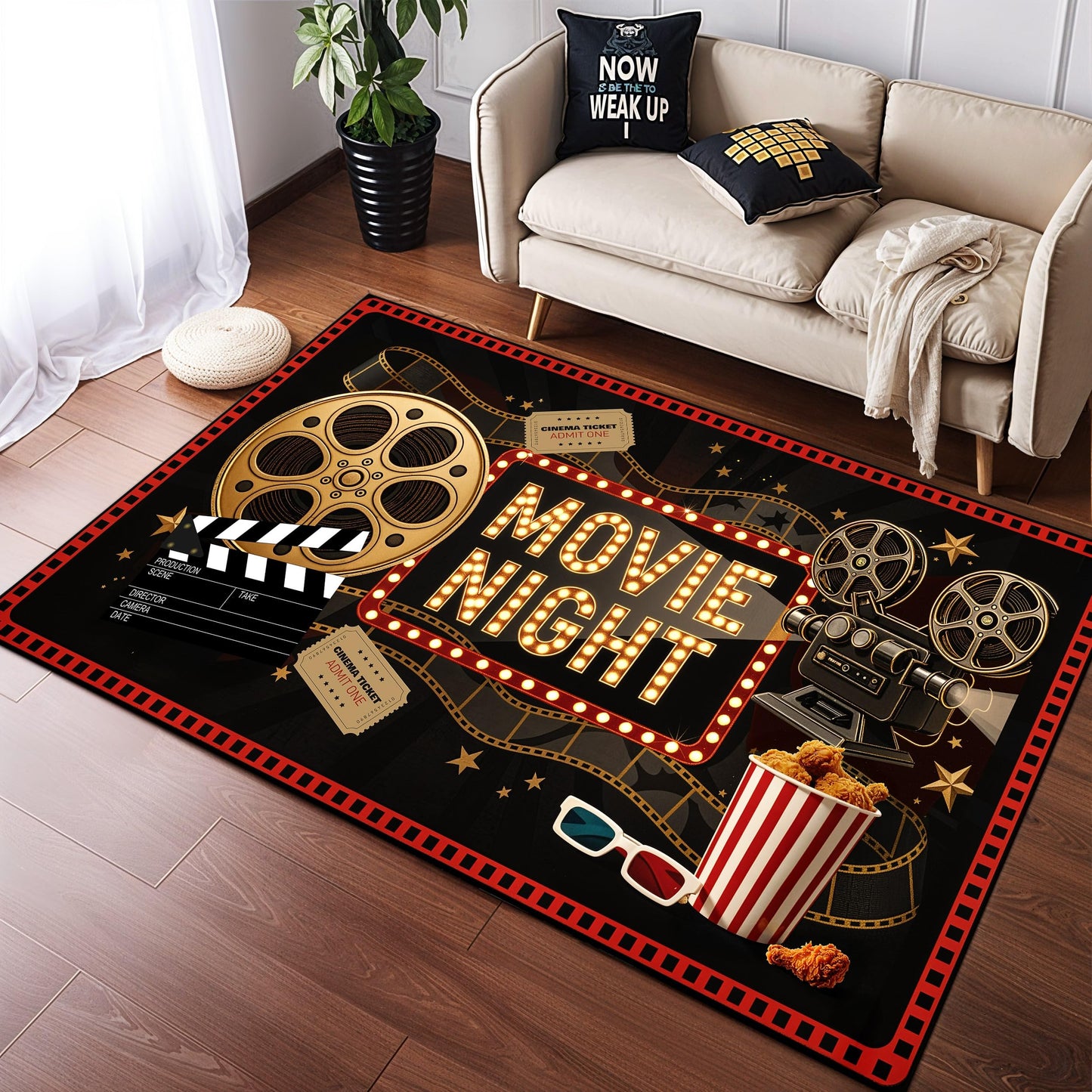 Movie Theater Rug 3x5 ft for Home Theater Room, New Materials, Non-Slip, Stain Resistant, Waterproof, Easy to Clean, Cinema Theme Carpet for Movie Room, Media Room 02