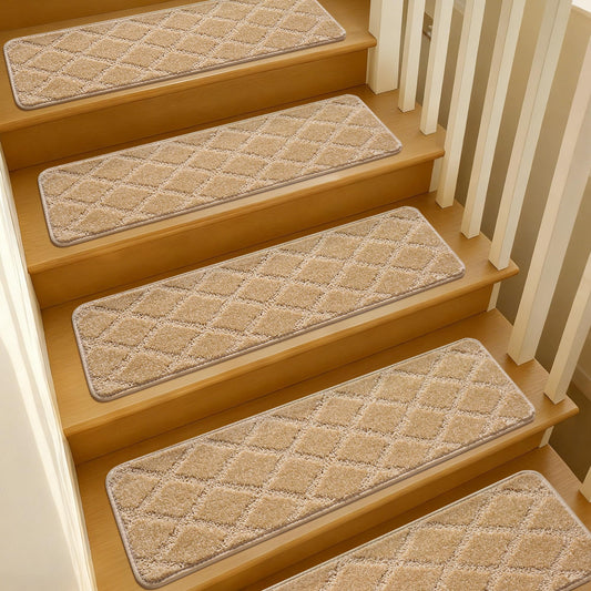 JOYKISS 9"x30" Stair Treads for Wooden Steps Indoor, 2Pcs Non Slip Peel and Stick Carpet Stair Treads, Washable & Reusable Self Adhesive Stair Runner Rug for Kids Elders Pets - Beige