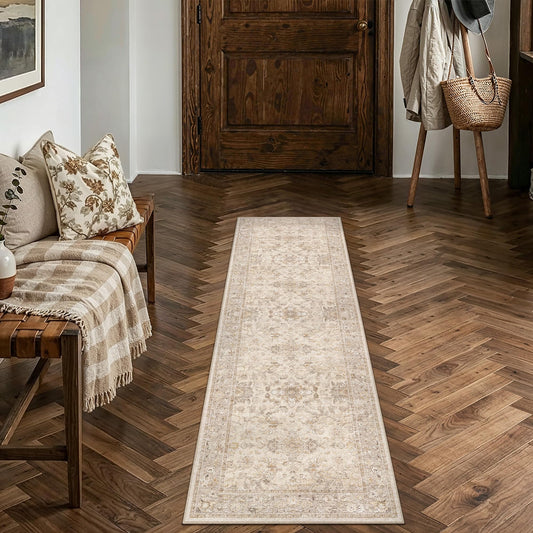 WondRg 2x6 Beige Washable Runner Rug for Hallway Kitchen Soft Low Pile Lightweight Runner Rug Non Slip Vintage Accent Carpet Bathroom Front Door Beside Bed Home Decor