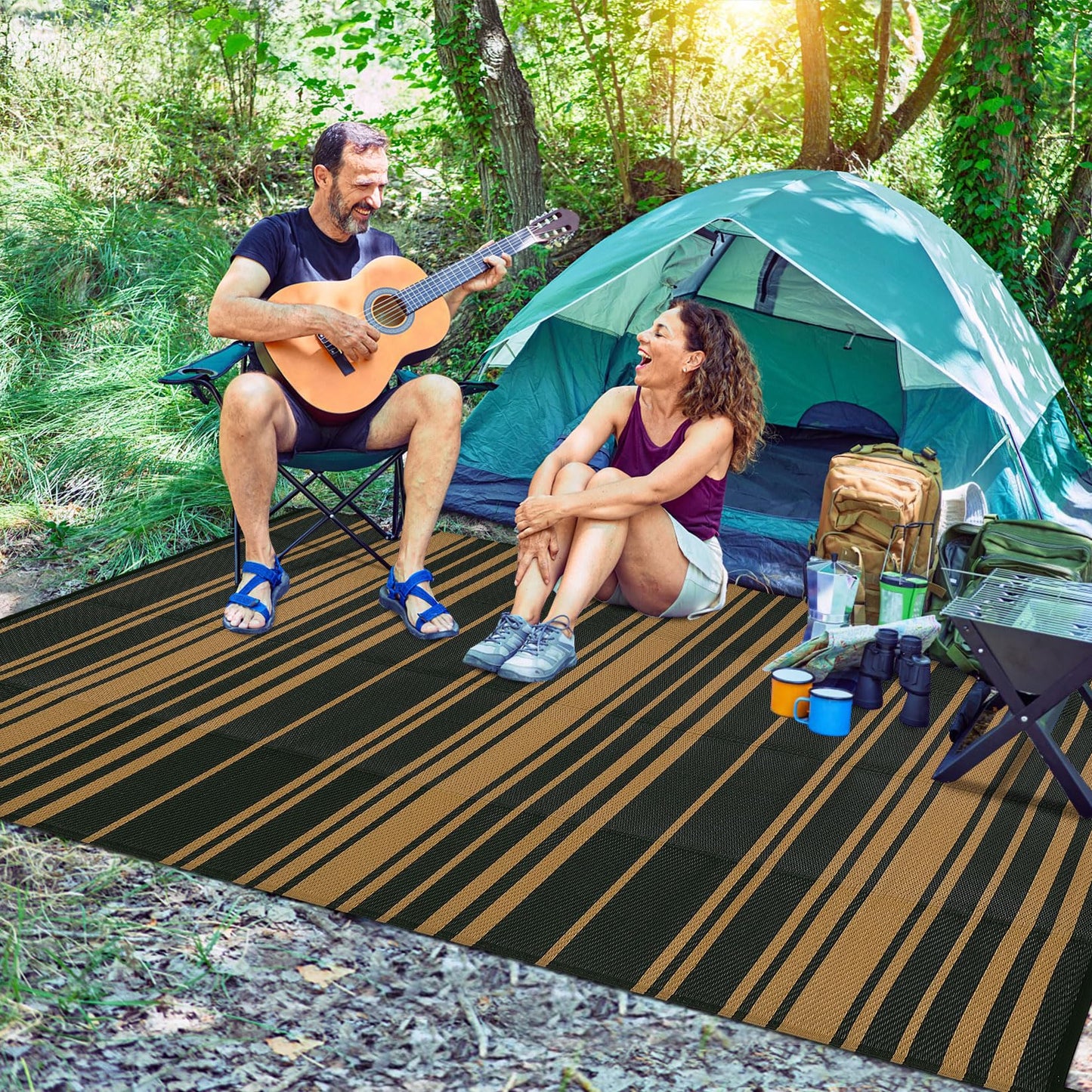 Garvee Waterproof Outdoor Rug 8x10 Modern Striped Lines Plastic Straw Patio Camping Rug Indoor Outdoor RV Mat Carpet for Deck Camper Porch Balcony Backyard Picnic, Black Brown