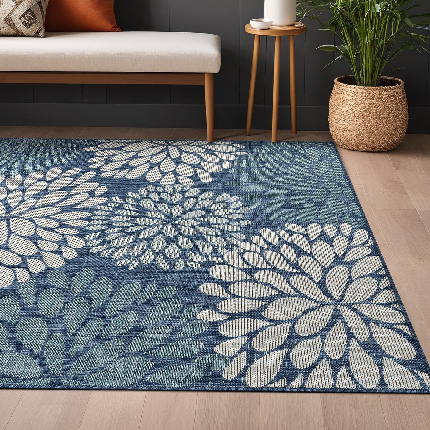 Beverly Rug Outdoor Rug 5x7 Modern Exotic Tropical Leaf Area Rugs for Indoor and Outdoor Patio Deck Porch Garden Water Resistant Washable Outside Carpet (5 x 7 Blue)