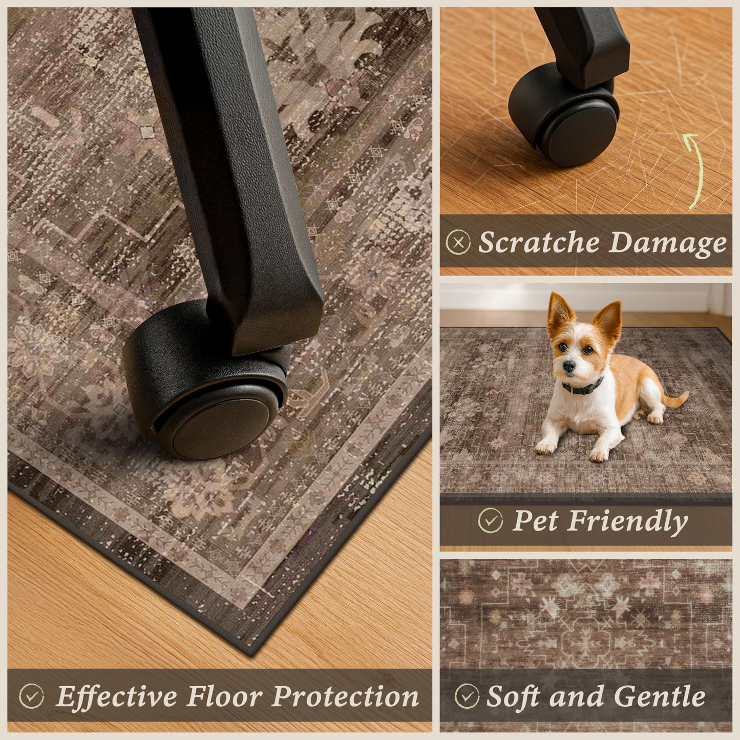 Office Chair Mat for Hardwood Floors, Brown Boho Desk Chair Rug, Low Pile Floor Protector for Rolling Office & Gaming Chairs, Non-Slip Washable Rug for Tile, Laminate, Home Office, 36" x 48"