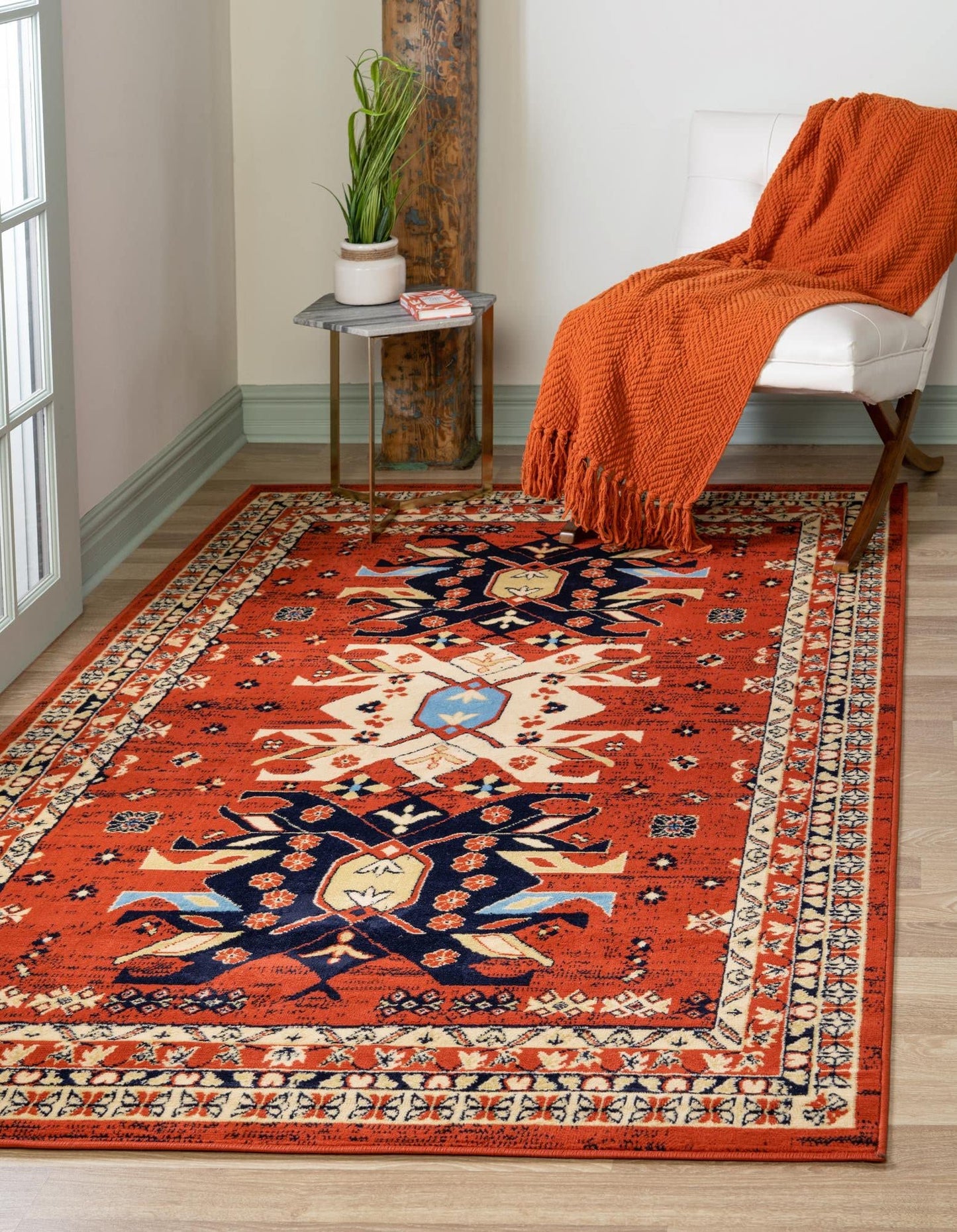 Unique Loom Taftan Collection Border Geometric Tribal Inspired Design Area Rug (5' 0 x 8' 0 Rectangular, Terracotta/ Ivory)