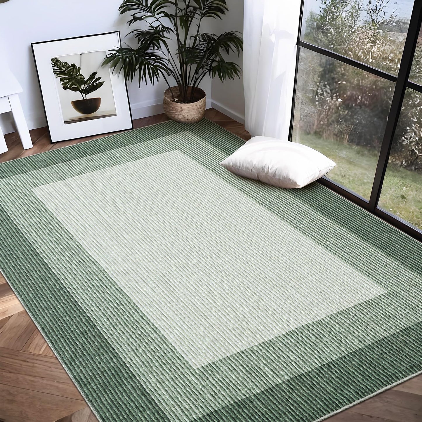 GarveeHome Washable Rug 8x10 Living Room Rug Neutral Bordered Carpet for Dining Room Solid Non Slip Low Pile Pet Friendly Large Carpet for Farmhouse Apartment Bedroom Dorm Green
