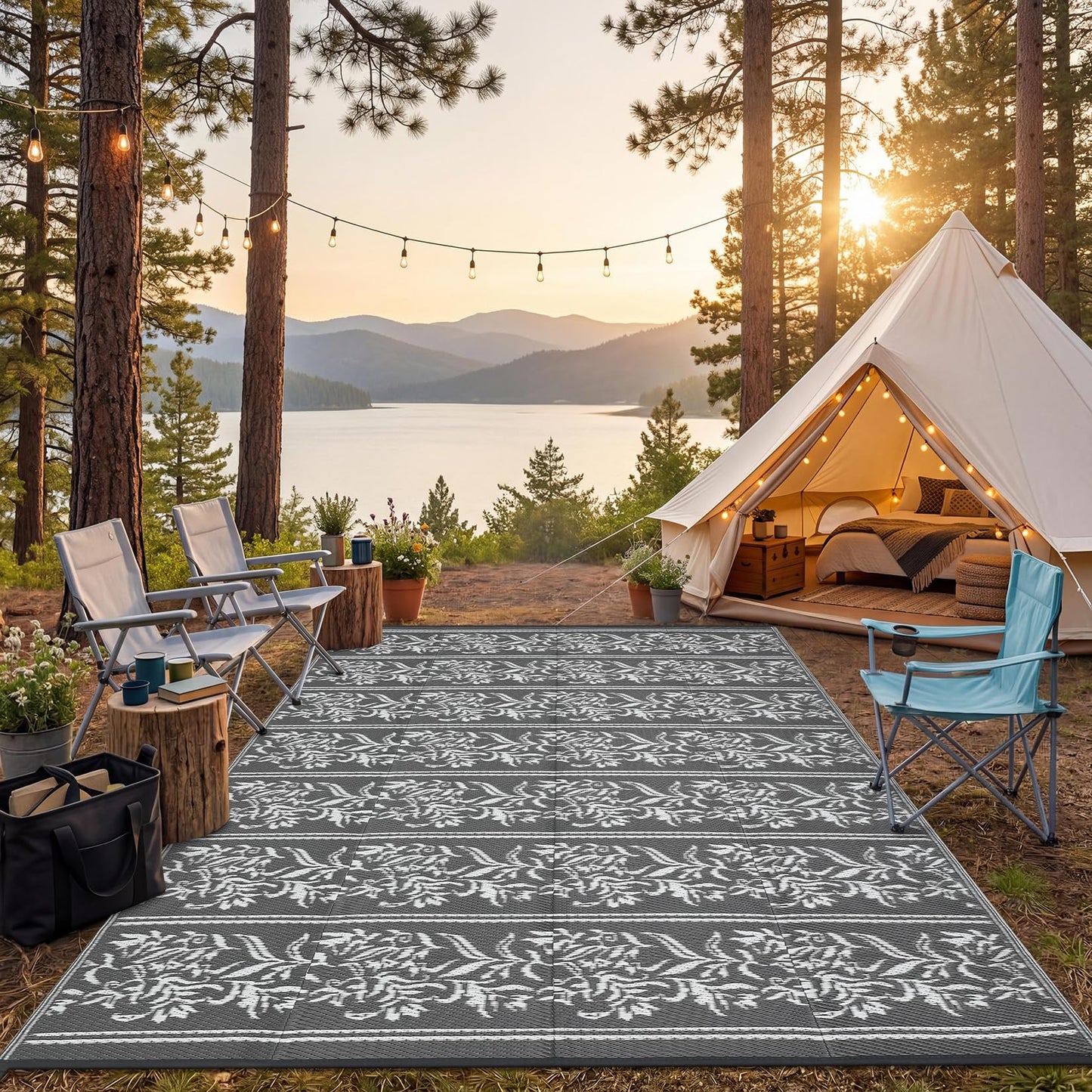 GarveeHome Outdoor Rug 9x12 Waterproof for Patio, Reversible Outdoor Plastic Straw Rug, Wallpaper Flower Indoor Outdoor Mat Carpet for RV, Camping, Deck, Backyard, Picnic, GreyWhite