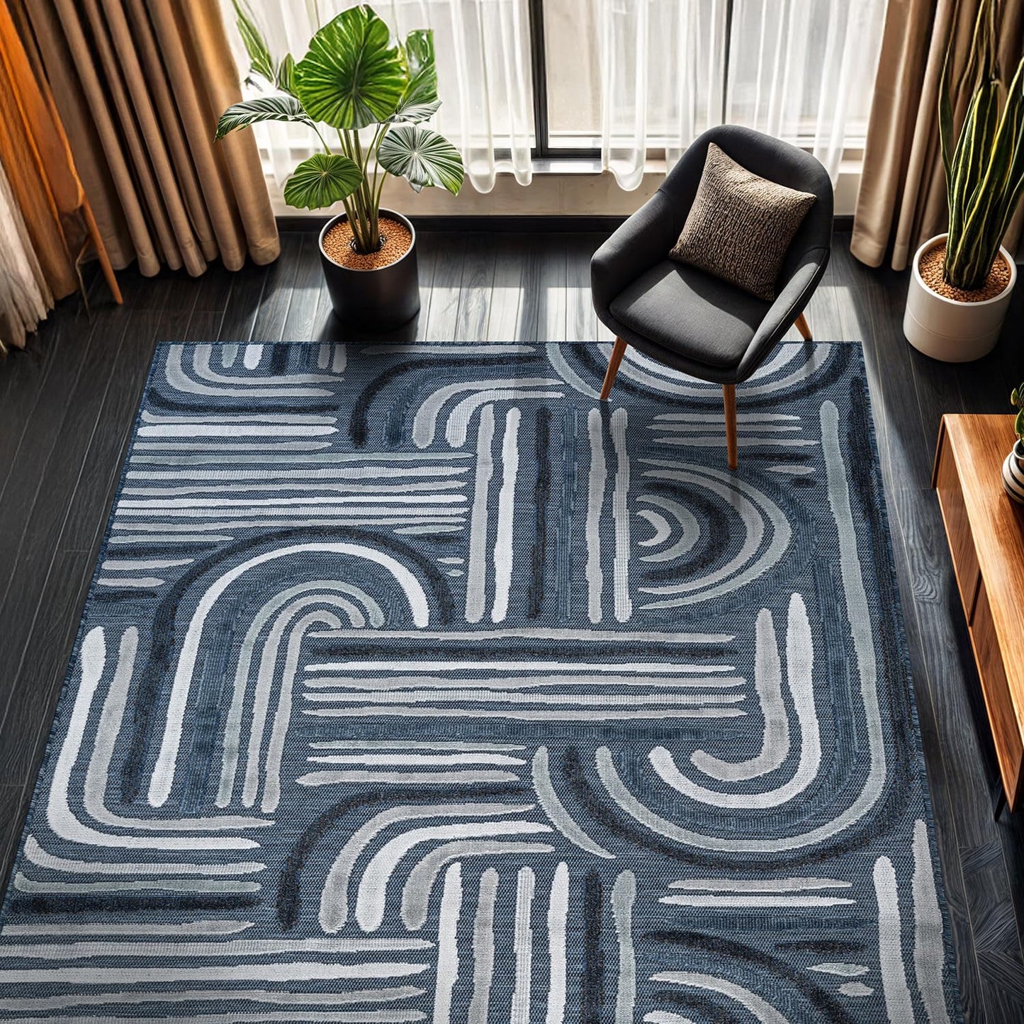 CAMILSON Indoor Outdoor Rug, Navy Blue 6x9 Geometric Arch Striped Area Rugs for Patio and Home Areas, Easy-Cleaning Non-Shedding Living Room, Garden and Deck Washable Outside Carpet (6 x 9)