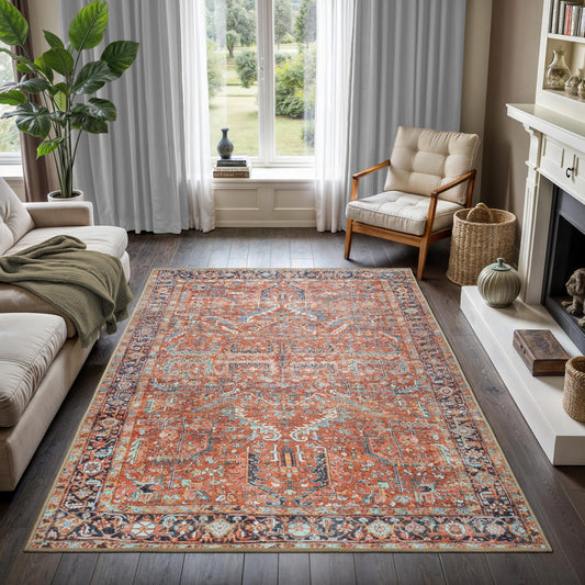 GLN Rugs Traditional - Babylon - Machine Washable Area Rug, Vintage Washable, Non Slip, Low Pile Chenille Area Rug, Living Room, Bedroom, Kitchen Rug - Easy Clean (8' x 10' Terra/Multicolor 1168)