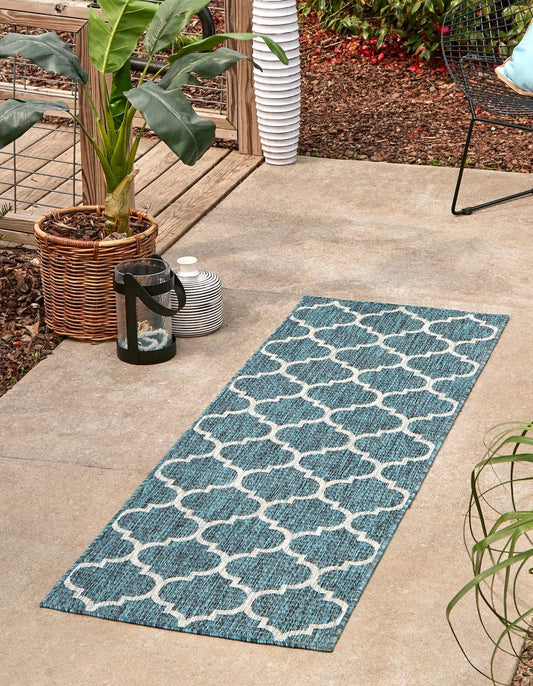 Unique Loom Outdoor Trellis Collection Area Rug (2' 7" x 12' Runner, Teal/ Gray)