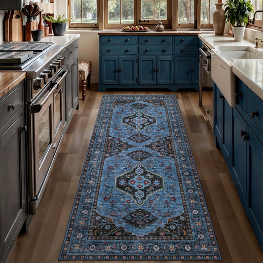 Tangsoo Blue 2x6 Washable Runner Rug for Hallways, Non Slip Oriental Runner Rug, Vintage Soft Low Pile Long Rug Runner, Carpet Runners for Kitchen Bedroom Entryway Bathroom Living Room Blue/Black