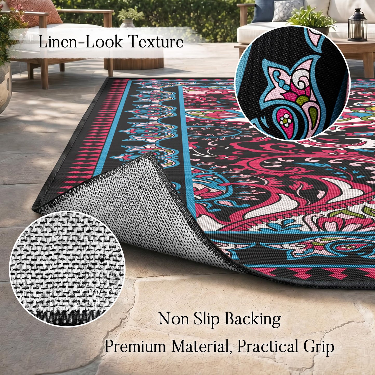 Arenarug Paisley Outdoor Rug Waterproof 4x6, UV Resistant Non Slip Patio Rug, Indoor Outdoor Boho Camping Rug Linen-Look RV Carpet for Deck Balcony Backyard, Magenta‌