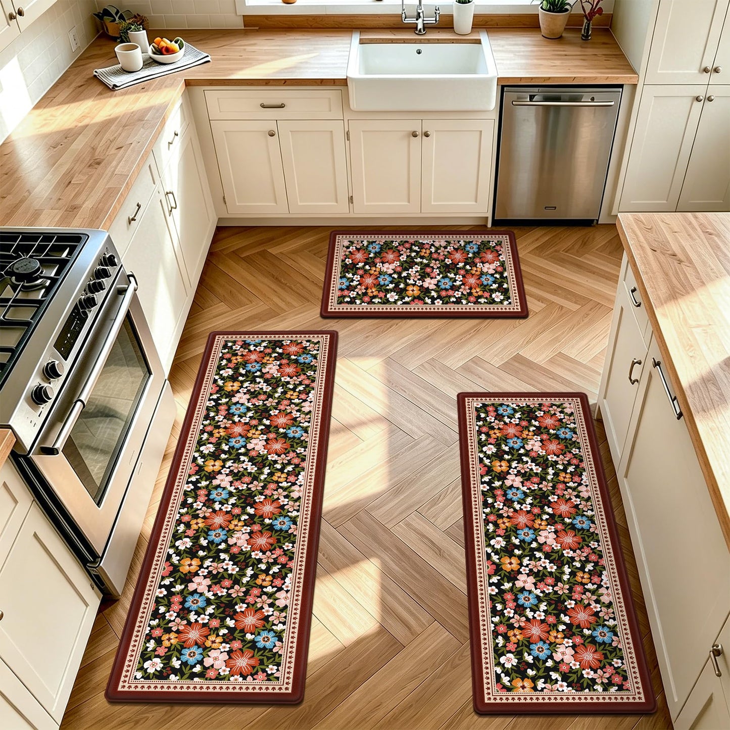 CHICNOOK Boho Vintage Floral Kitchen Rug Set of 3, Black Rustic Kitchen Mat