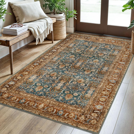 SIILOOM 3x5 Washable Area Rug for Entryway, Ocean Rust Soft Tribal Floral Rug with Slip-Resistant, Low-Pile Vintage Tribal Area Rugs for Entryway Bedroom, Dorm Carpet with Non-Shedding