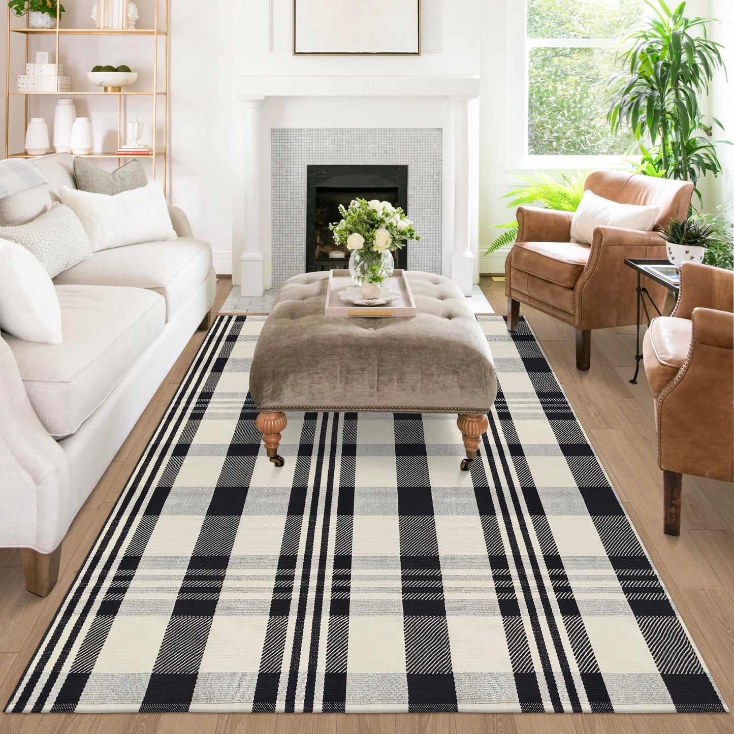 Aoczes Buffalo Plaid Outdoor Rug 4x6 Cotton Woven Rug Black and Off White Checkered Rug Front Porch Decor Washable Indoor Outdoor Area Rug for Living Room Bedroom Dining Room Patio Farmhouse Carpet