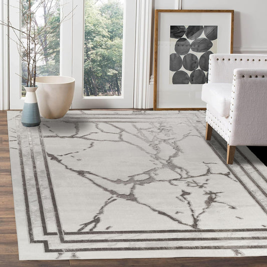 GLORY RUGS Area Rugs Marble 8x10 Cream Silver Border Carpet Elegant Modern Abstract Rug Living Room Dining Bedroom Rug
