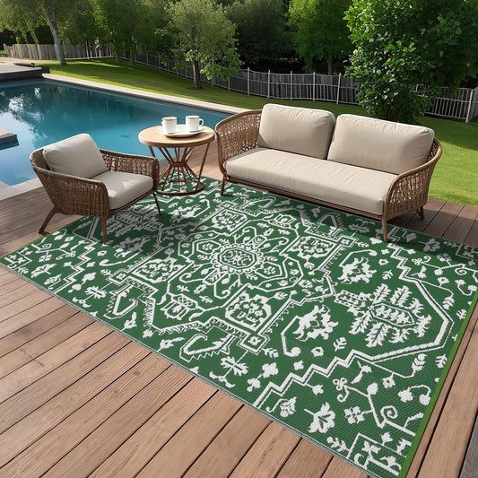 GAOMON 9x18 Outdoor Rug Waterproof for Patio Picnic Non Shedding Plastic Straw Reversible Large Outdoor Rug for Front Back Door Pool RV Portable Boho Vintage Floral Carpet Outside Decor, Green White