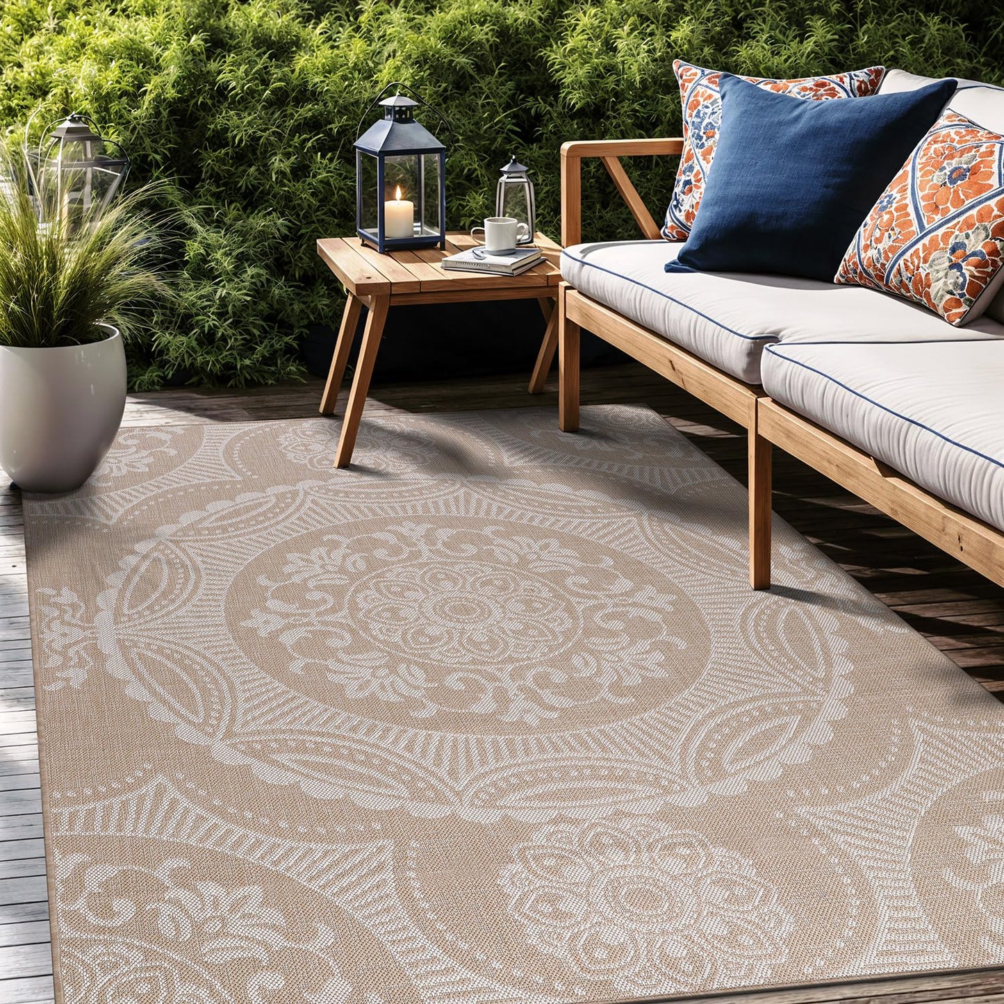 Luul Home Medallion Outdoor Rug 5x7 Washable Outside Carpet for Indoor Patio Porch Waterproof Easy Cleaning Non Shedding Area Rugs Beige 5 x 7