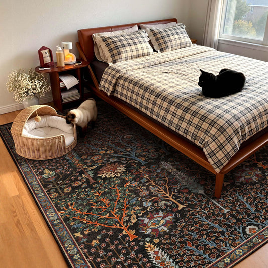 Kokia 8x10 Boho Black Botanical Floral Washable Rug, Oriental Soft Non-Slip Decoration Rugs for Living Room, Farmhouse Bedroom, Kids Playroom, Office