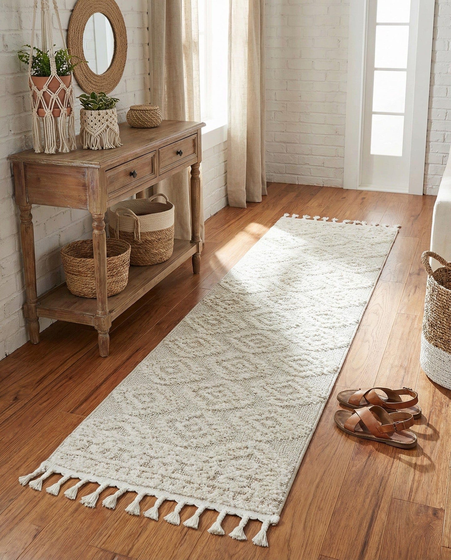 Rugs.com - Boho Rug – 8 Ft Runner Ivory Easy-Clean Stain-Resistant Rug – Textured Trellis Pattern with Fringe, Ideal for Hallways, Entryways, and High-Traffic Areas