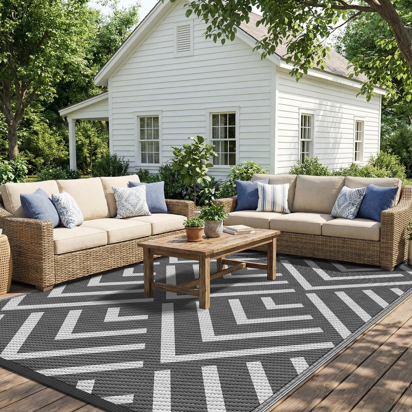 Kohree Outdoor Rug 9x12 Reversible, Waterproof Outdoor Plastic Straw Rug RV Patio Mat, Non-Slip Easy-Cleaning RV Outdoor Mat Carpet for Deck, Patio, Camping, Balcony, Deck, Backyard (Grey & White)