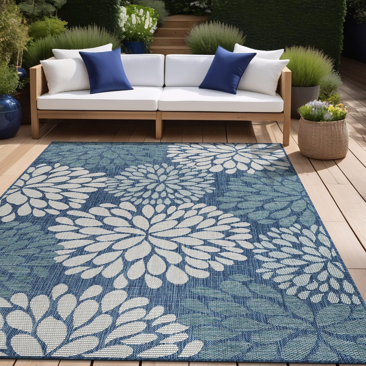 Beverly Rug Outdoor Rug 5x7 Modern Exotic Tropical Leaf Area Rugs for Indoor and Outdoor Patio Deck Porch Garden Water Resistant Washable Outside Carpet (5 x 7 Blue)