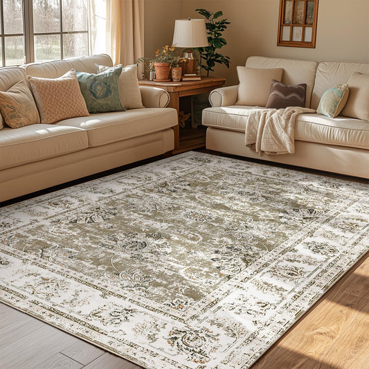 jinchan Fiora Floral Area Rug 5x7, Distressed Vintage Floral Washable Rug with Soft Surface and Non-Slip Backing, for Living Room Bedroom Dining Room Home Office and Family Spaces, Taupe