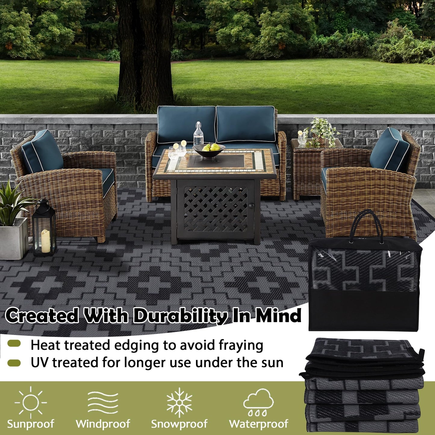 SAND MINE Waterproof Outdoor Rug 6x9 ft, Reversible Plastic Straw Area Rug, Large Floor Mat for Patio, Backyard, Deck, RV, Camping, Picnic, Beach, Balcony & Porch - Black & Grey