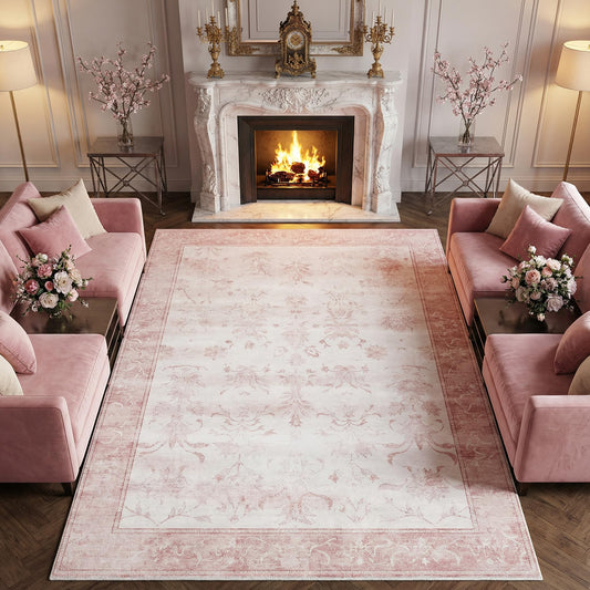 Cnythlis Large 8'x10' Washable Boho Area Rug, Distressed Vintage Medallion Carpet for Big Dining Room, 0.26" Low Pile Spill Resistant Faux Wool Rug - Foldable Non-Slip Silicone Grip, Pink & White