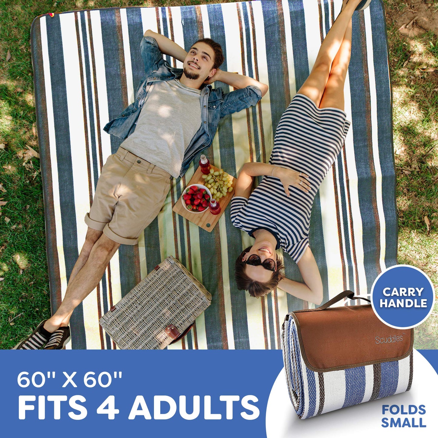 scuddles Waterproof Picnic Blanket 60" x 60" for Beach, Camping and Travel