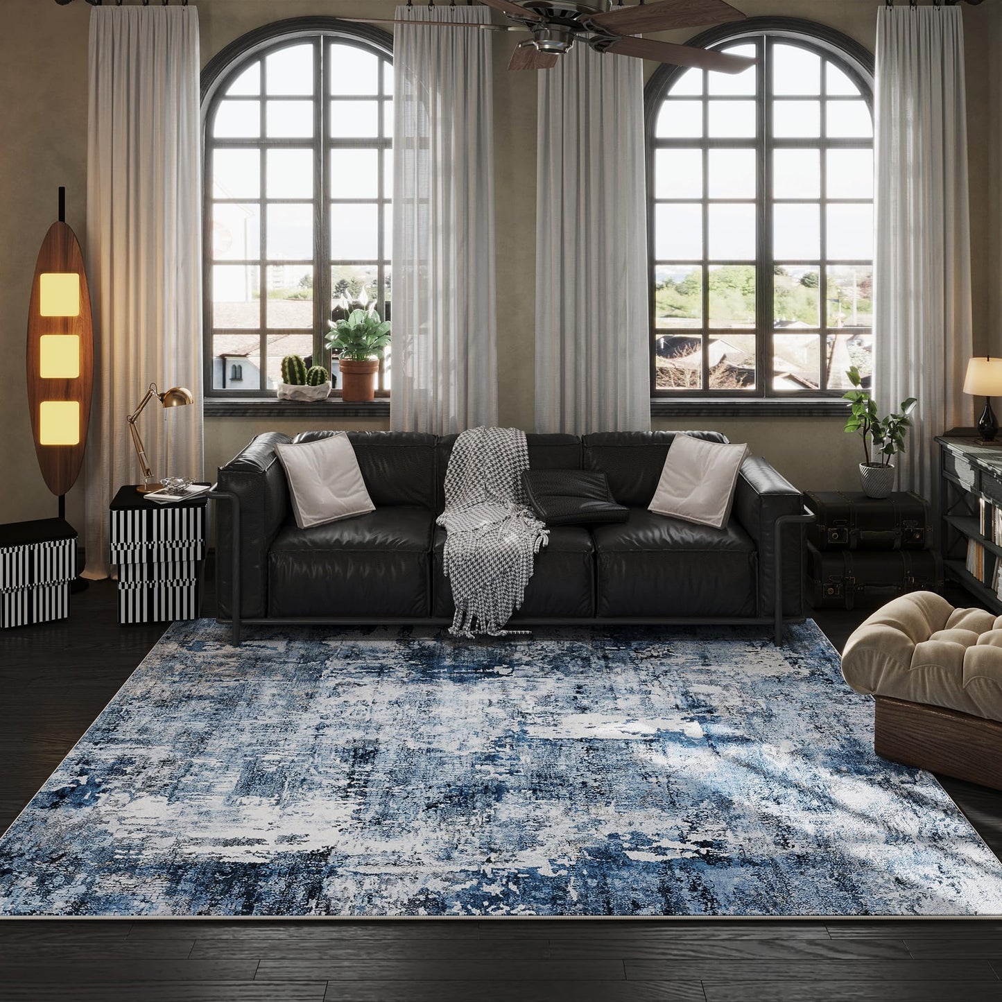 Rugcomf Area Rug 5x7 Washable Rug Boho Soft Abstract Pattern Non-Slip Non-Shedding Faux Wool Vintage for Living Room, Bedroom, Farmhouse, Dining Room, Indoor, Kids Playroom, Blue