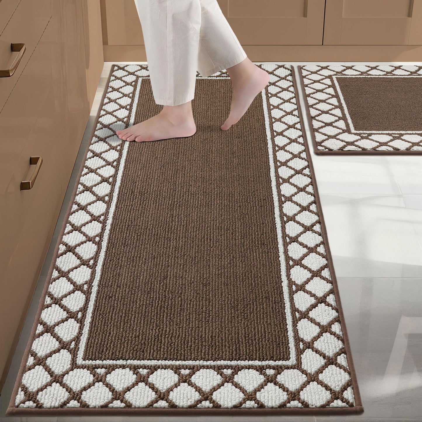 COSY HOMEER Washable Kitchen Rugs Sets of 2 Non-Slip Kitchen Mats,Browm