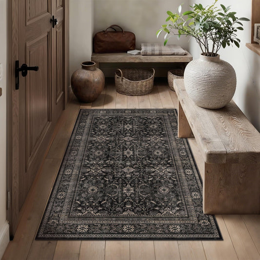 Schweek 3x5 Area Rug Washable Vintage Neutral Non Slip Distressed Black Entryway Rugs, Soft Low Pile Retro Floral Throw Rug Indoor Carpet for Bathroom Kitchen Bedroom Nursery Dining Office