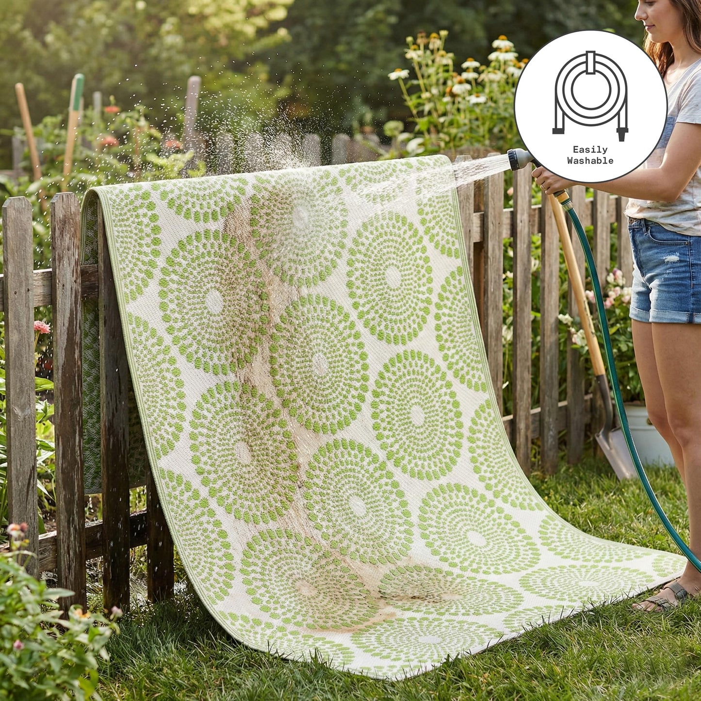 Fab Habitat Outdoor Rug - Waterproof, Fade Resistant, Crease-Free - Premium Recycled Plastic - Floral Medallion - Large Patio, Deck, Sunroom, Camping, RV - Rio - Green - 6 x 9 ft