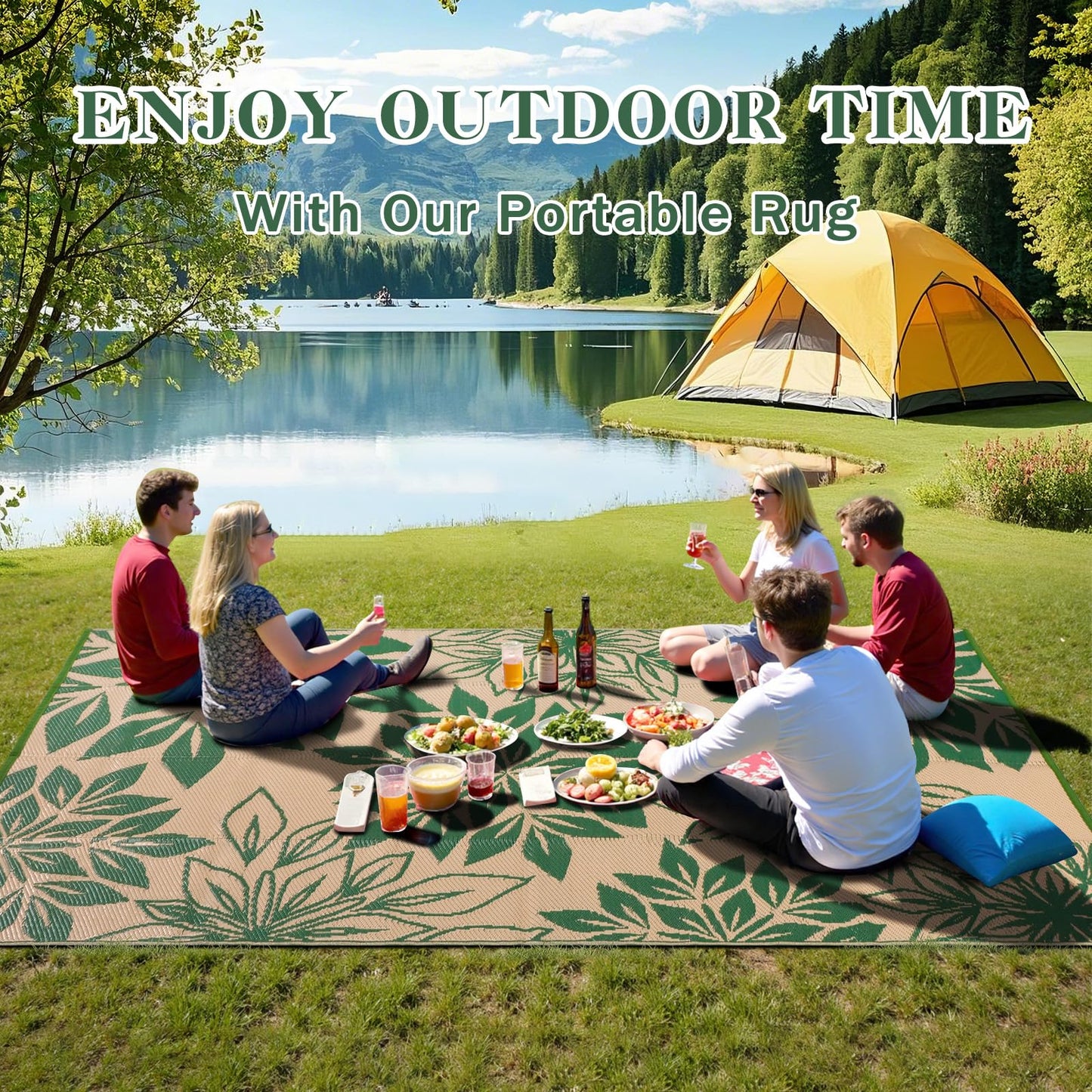 TUKDAK Waterproof Outdoor Rugs 5x8, Green Outdoor Plastic Straw Rug Double-Sided, Fade Resistant Patio Rug, Easy Cleaning RV Camping Mats Outside Carpet Portable for Balcony Porch Garden Deck Picnic