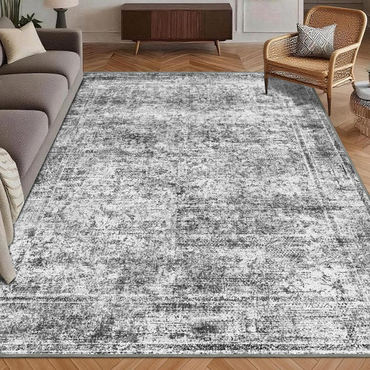 Washable Area Rug 5' x 7' Vintage Traditional Persian Mat - Foldable Distressed Non-Slip Machine Washable Carpet for Living Room Bedroom Kitchen Home Decor - Graphite and Mist