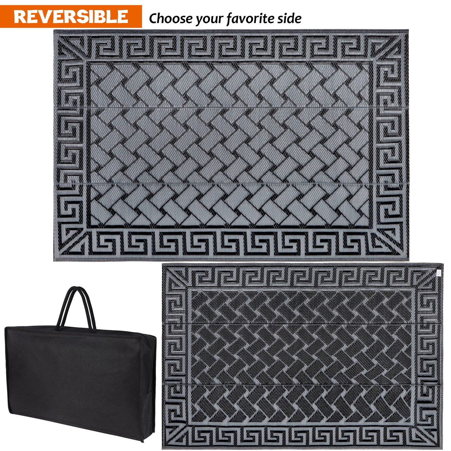 SAND MINE Reversible Mats, Plastic Straw Rug, Modern Area Rug, Large Floor Mat and Rug for Outdoors, RV, Patio, Backyard, Deck, Picnic, Beach, Trailer, Camping (4' x 6', Black & Grey)