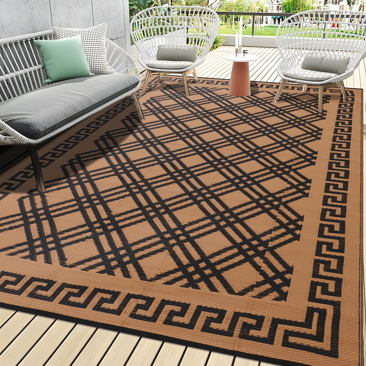 BMCH Outdoor Rugs, Outdoor Plastic Straw Rug, Reversible Waterproof Carpet for Camping, Poolside, Garden, BBQ Area, Gazebo Flooring, RV Park & Beach, Classical Style, 5x8
