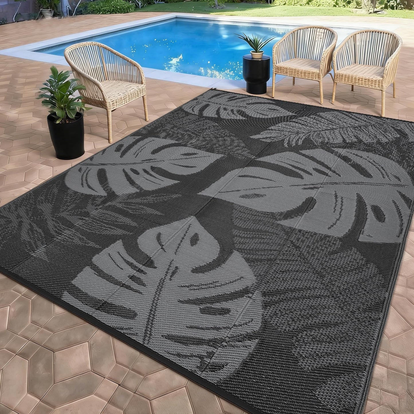 MilleLoom Outdoor Rug 8x10 Waterproof Patio Rugs Modern Leaf Print Reversible Mat for Front Door Rv Foldable Plastic Straw Carpet for Travel Trailers, Deck, Porch, Camper, Balcony, Beach，Black/Grey