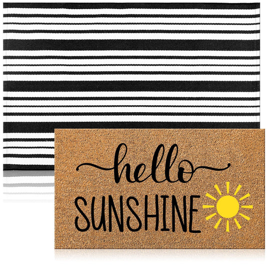 Moucuny 2 Pcs Summer Hello Sunshine Coir Door Mat 24'' x 35'' Black and White Striped Outdoor Rug 16'' x 28'' Yellow Sunshine Coir Doormat Non Slip Seasonal Welcome Doormat for Porch Front Decor
