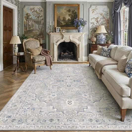 WondRg 8x10 Blue Neutral Area Rug for Living Room Bedroom Machine Washable Soft Low Pile Carpet Vintage Distressed Non Slip Throw Rug for Dining Room Indoor Decor