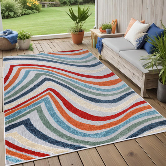 Superior Wave Indoor Outdoor Area Rug, Perfect for Patio, Poolside, Backyard, Playroom, Kitchen, Bedroom, Dining Room, Entryway, Mudroom, Coastal Striped Floor Cover, 4' x 6', Multicolor
