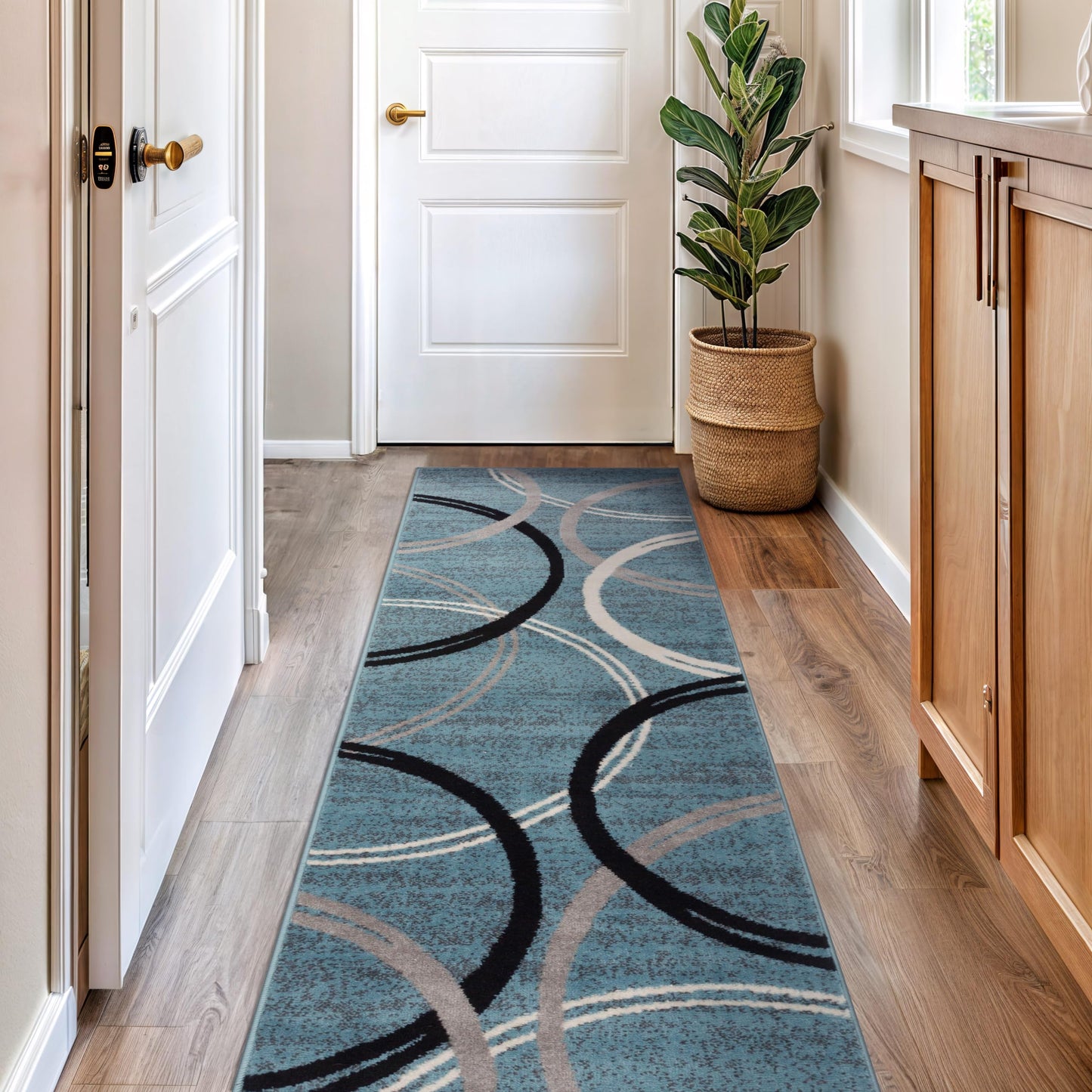 Rugshop Modern Wavy Circles Design Runner Rug, Non-Shedding Carpet for Hallway, Kitchen, or Entryway, Blue, 2' x 7'2"