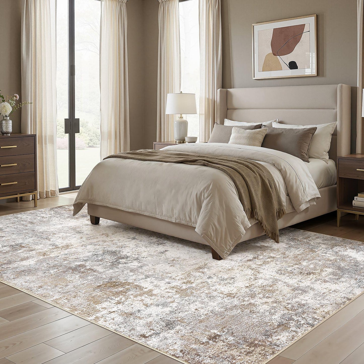 UERMEI 7x9 Area Rug Living Room Rugs - Washable Neutral Modern Abstract Soft Thin Large Rug Indoor Floor No Slip Rug Carpet for Bedroom Under Dining Table Home Office Decor - Brown Grey
