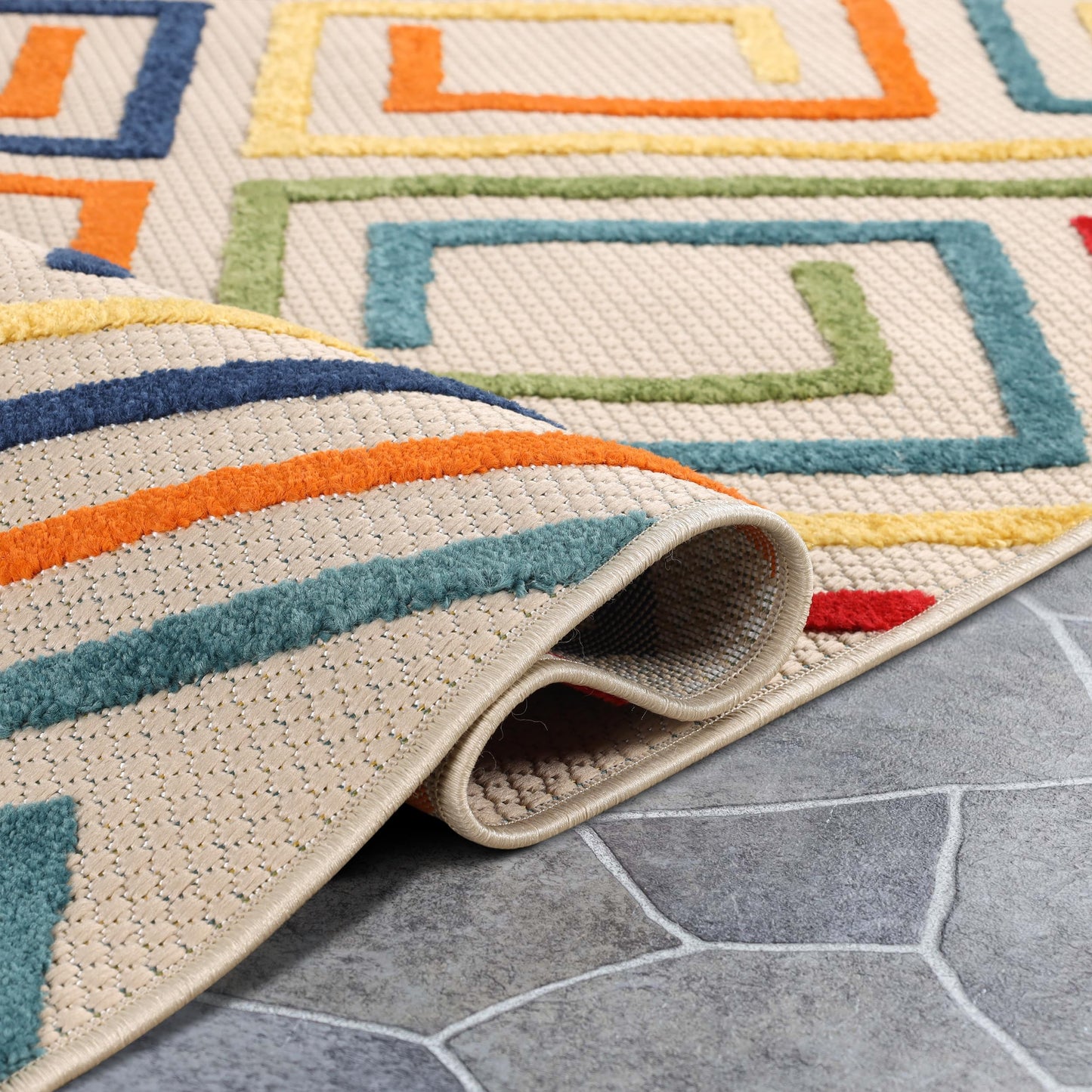 Superior Indoor Outdoor Area Rug, Perfect for Patio, Bedroom, Kitchen, Laundry Room, Entryway, Office, Playroom, Carpet Cover, Modern Geometric Farmhouse, Ares Collection, 5' 2" x 7' 2", Cream