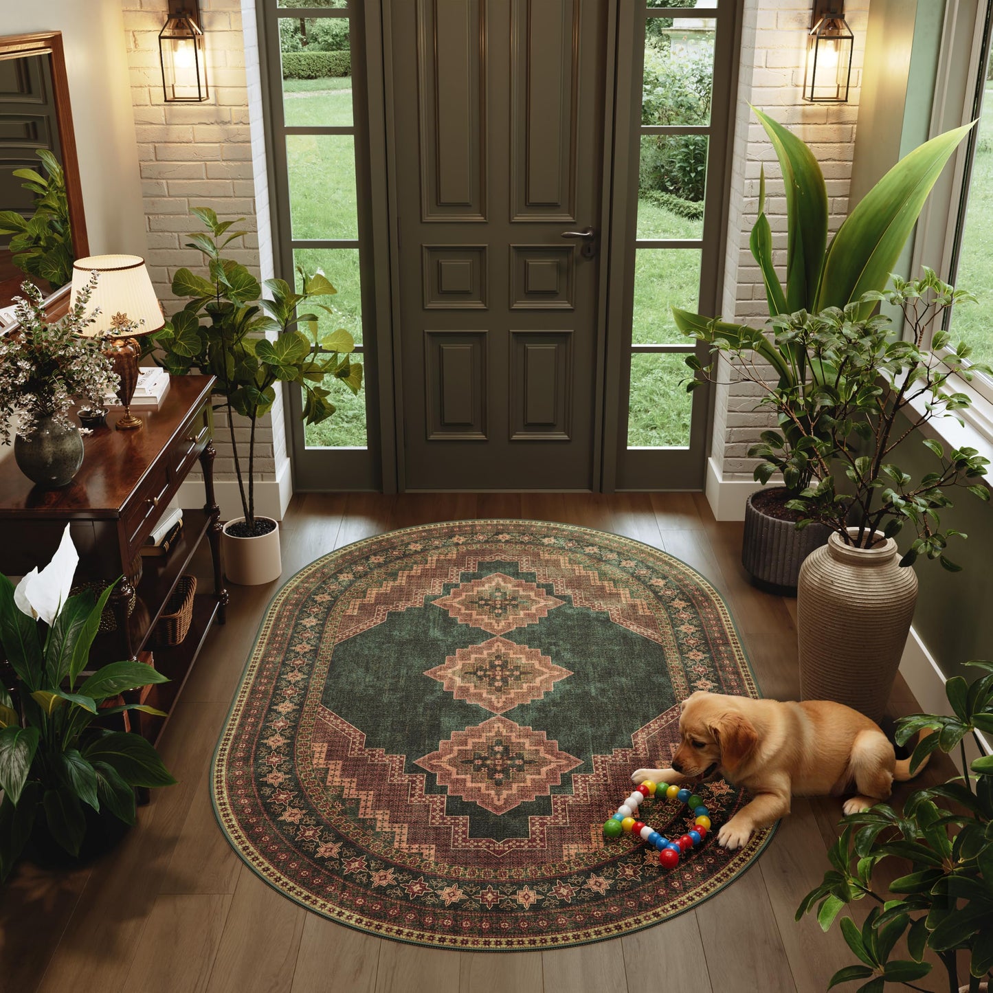 Clemile 4x6 Oval Rug - Washable Ultra-Thin Living Room Rug Vintage Non-Slip Carpets - Soft & Stain Resistant Rug for Kitchen Bedroom Dining Room Living Room Dark Brown