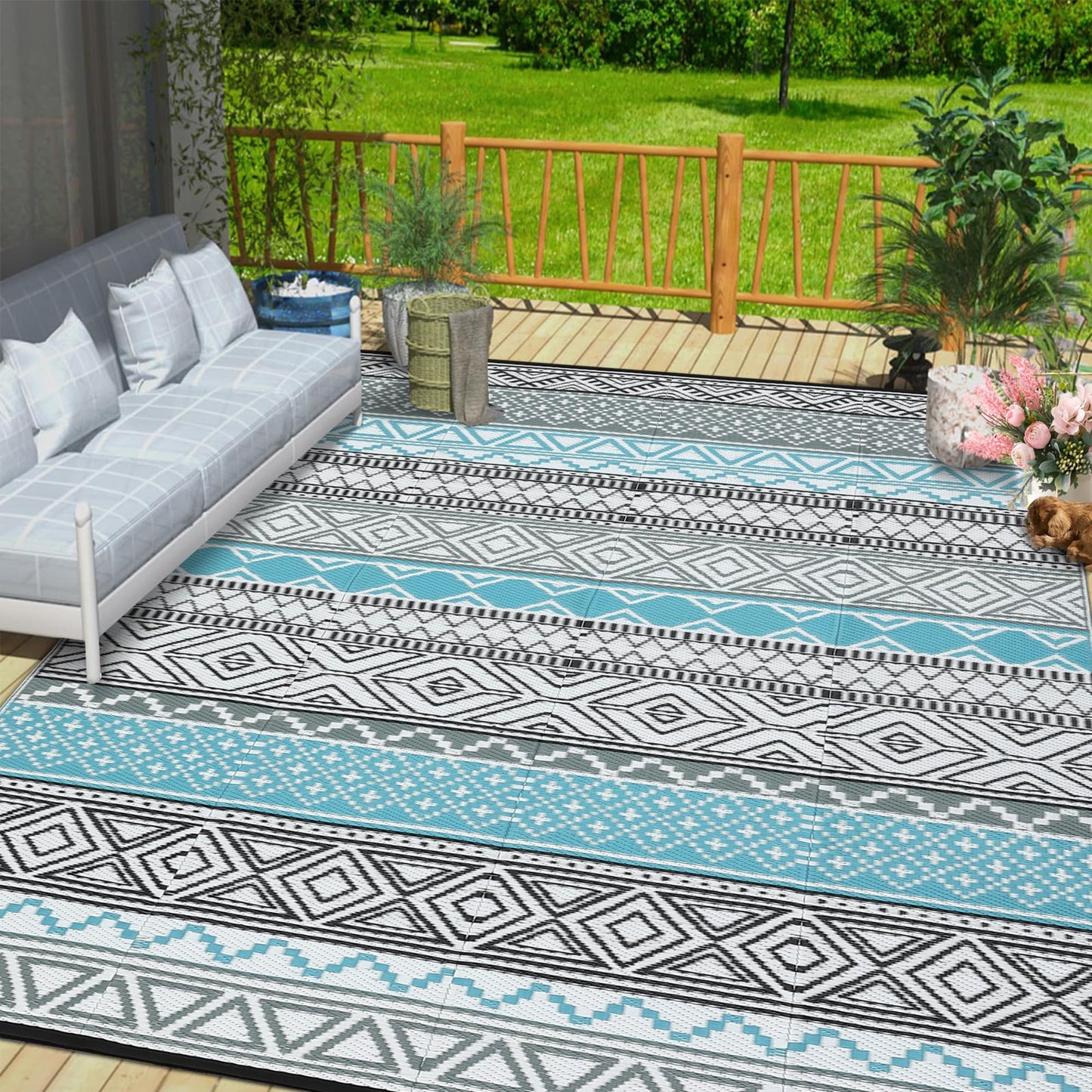 GlowSol Outdoor Rugs 9x12 Waterproof Portable Camping Carpet, Reversible Outdoor Plastic Straw Rug for Patio, RV Mat Bohemian Outdoor Rugs for Porch, Deck, Backyard, Balcony, Picnic,Blue/Grey